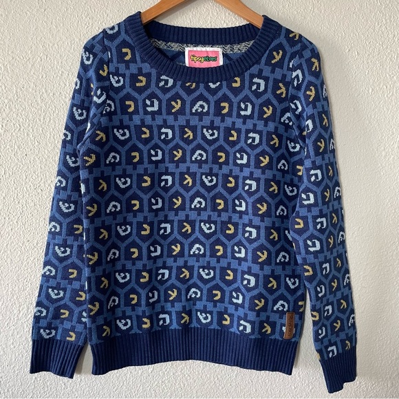 Tipsy Elves Sweaters - Tipsy Elves Hanukkah Dreidel Motif Sweater Women’s Medium Blue Yellow Novelty